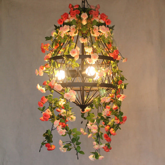 Black Iron Hanging Chandelier with Trellis Cage Design - 3/4 Lights Ideal for Restaurant, Farm, or Flower-Themed Décor