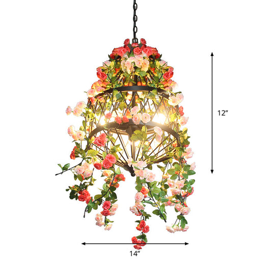 Black Iron Hanging Chandelier with Trellis Cage Design - 3/4 Lights Ideal for Restaurant, Farm, or Flower-Themed Décor