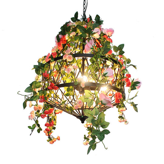 Black Iron Hanging Chandelier with Trellis Cage Design - 3/4 Lights Ideal for Restaurant, Farm, or Flower-Themed Décor