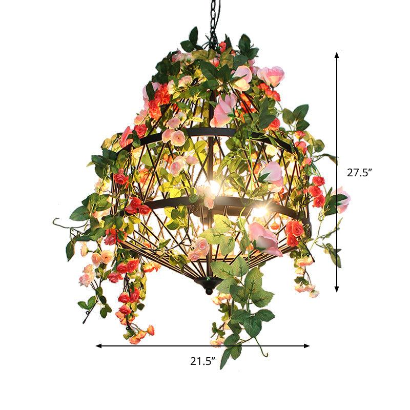 Black Iron Hanging Chandelier with Trellis Cage Design - 3/4 Lights Ideal for Restaurant, Farm, or Flower-Themed Décor