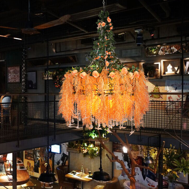 Round Cage Chandelier Light - 4-Bulb Warehouse Orange Metal Pendant Lamp With Plant Decor