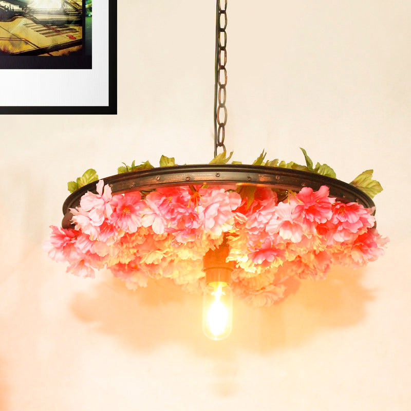 Farmhouse Hanging Lamp: Pink/Blue Flower Pendant Light with Wagon Wheel Design, 8.5"/15"/19" Wide