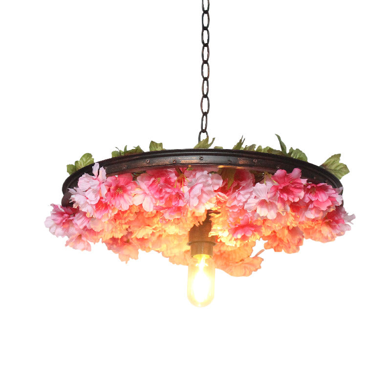 Farmhouse Hanging Lamp: Pink/Blue Flower Pendant Light with Wagon Wheel Design, 8.5"/15"/19" Wide