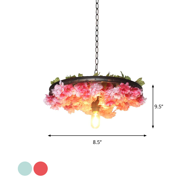 Farmhouse Hanging Lamp: Pink/Blue Flower Pendant Light with Wagon Wheel Design, 8.5"/15"/19" Wide