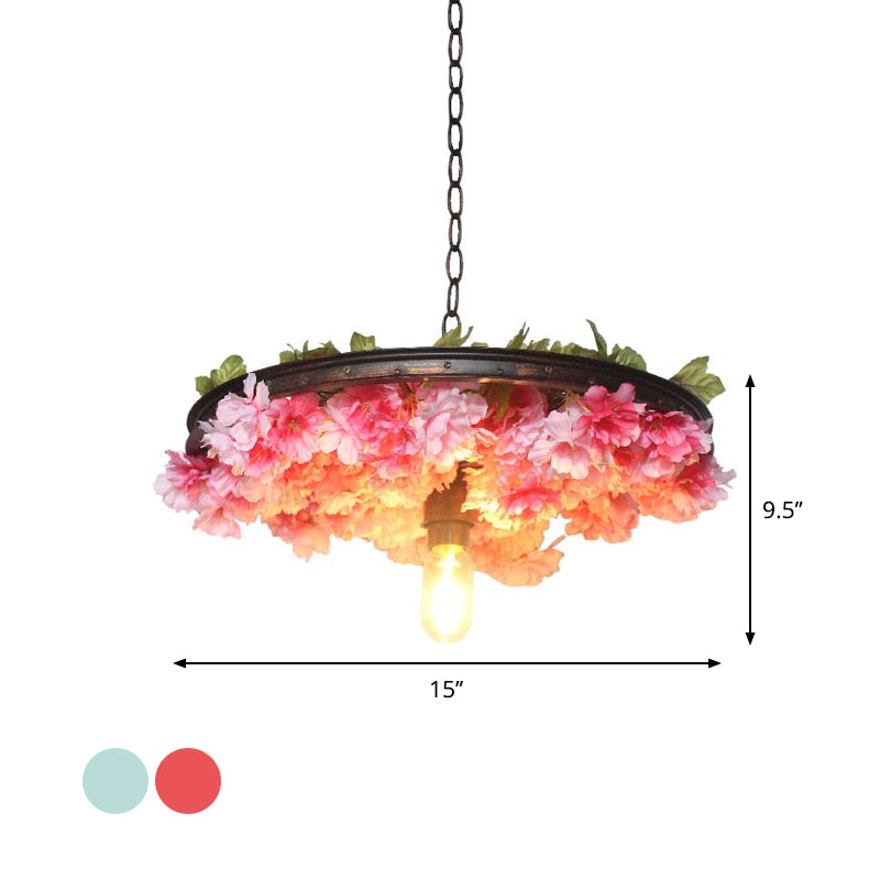 Farmhouse Hanging Lamp: Pink/Blue Flower Pendant Light with Wagon Wheel Design, 8.5"/15"/19" Wide