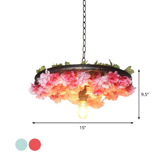 Farmhouse Hanging Lamp: Pink/Blue Flower Pendant Light with Wagon Wheel Design, 8.5"/15"/19" Wide