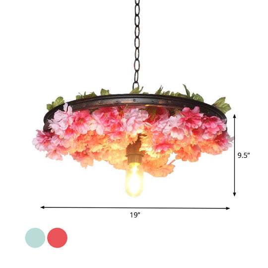 Farmhouse Hanging Lamp: Pink/Blue Flower Pendant Light with Wagon Wheel Design, 8.5"/15"/19" Wide