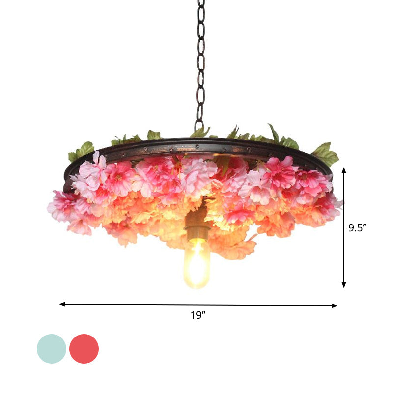 Farmhouse Pendant Light With Pink/Blue Flower Design Wagon Wheel Style - 8.5/15/19 Wide