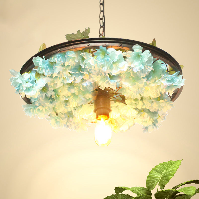 Farmhouse Hanging Lamp: Pink/Blue Flower Pendant Light with Wagon Wheel Design, 8.5"/15"/19" Wide