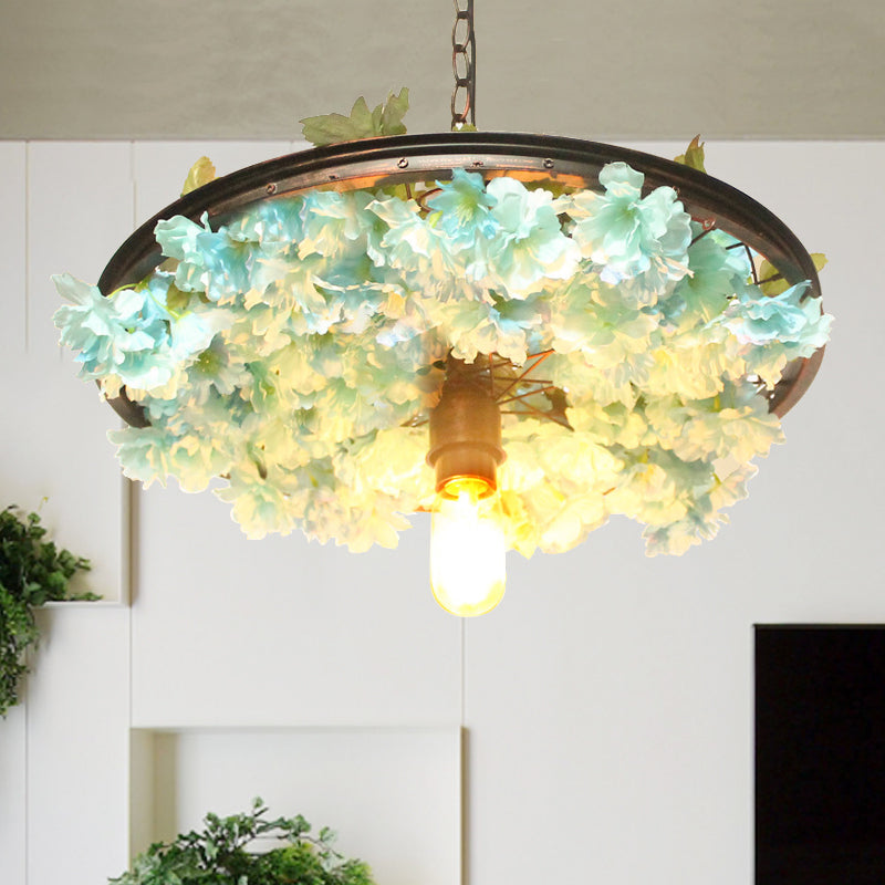 Farmhouse Hanging Lamp: Pink/Blue Flower Pendant Light with Wagon Wheel Design, 8.5"/15"/19" Wide