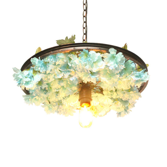 Farmhouse Hanging Lamp: Pink/Blue Flower Pendant Light with Wagon Wheel Design, 8.5"/15"/19" Wide