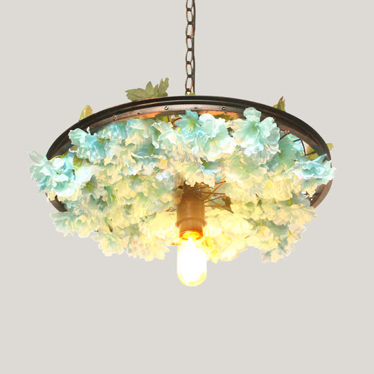 Farmhouse Hanging Lamp: Pink/Blue Flower Pendant Light with Wagon Wheel Design, 8.5"/15"/19" Wide