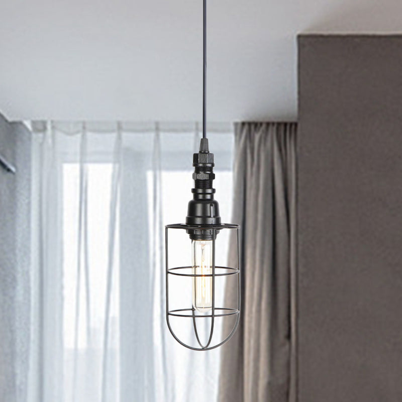 Farmhouse Iron Hanging Ceiling Light With Caged Design - 1 Bulb Coffee Shop Suspension Pendant In