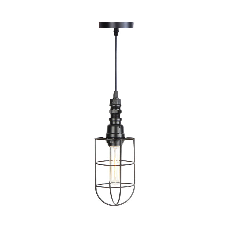 Sleek Black Caged Iron Pendant Light - Farmhouse Style for Coffee Shops - 1 Bulb Suspension