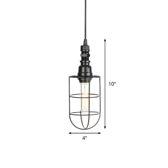 Sleek Black Caged Iron Pendant Light - Farmhouse Style for Coffee Shops - 1 Bulb Suspension