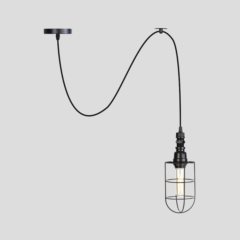 Sleek Black Caged Iron Pendant Light - Farmhouse Style for Coffee Shops - 1 Bulb Suspension