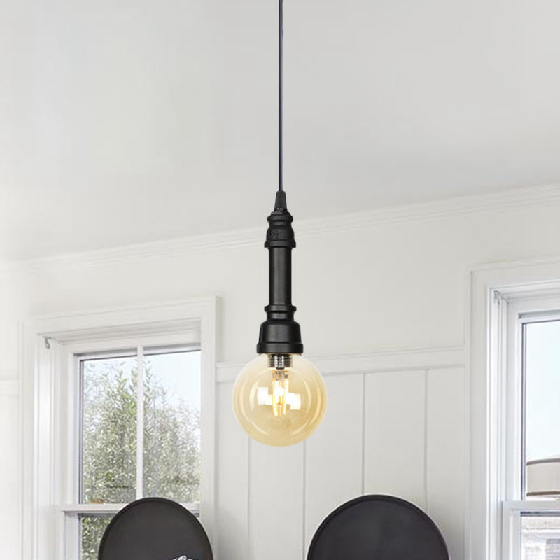 Industrial Black Ball/Capsule Suspension Light With Amber Glass - Ceiling Pendant Pipe Lamp (1