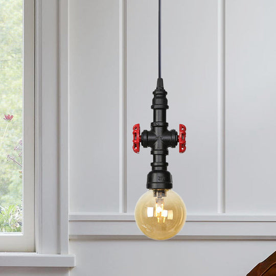 Industrial Black Finish Amber Glass Pendant Lamp with Pipe Suspension - 1-Light Ball/Capsule Ceiling Light