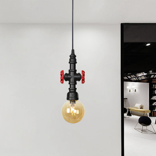 Industrial Black Finish Amber Glass Pendant Lamp with Pipe Suspension - 1-Light Ball/Capsule Ceiling Light