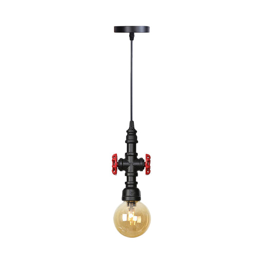 Industrial Black Finish Amber Glass Pendant Lamp with Pipe Suspension - 1-Light Ball/Capsule Ceiling Light