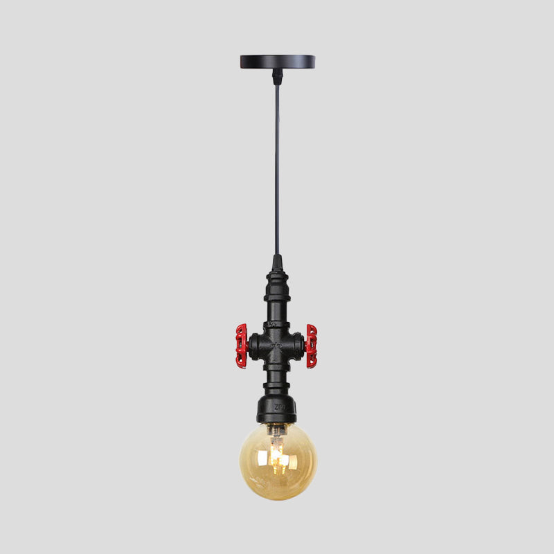 Industrial Black Finish Amber Glass Pendant Lamp with Pipe Suspension - 1-Light Ball/Capsule Ceiling Light