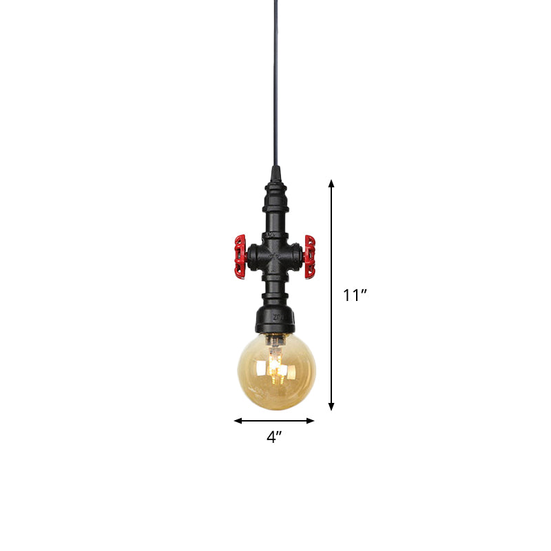 Industrial Black Finish Amber Glass Pendant Lamp with Pipe Suspension - 1-Light Ball/Capsule Ceiling Light