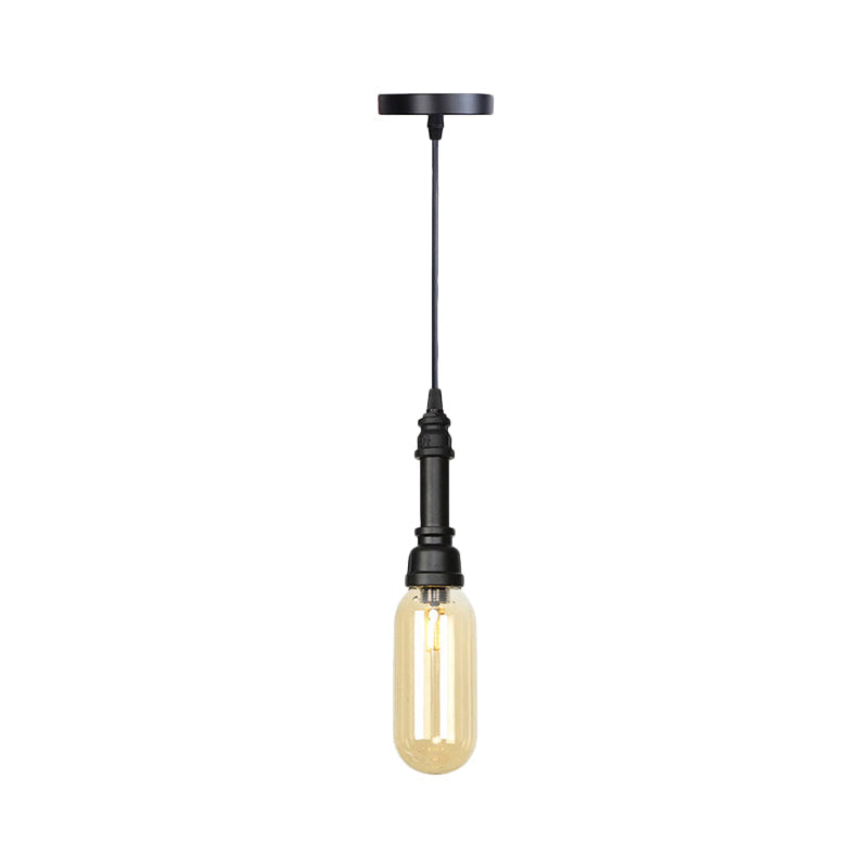 Industrial Black Finish Amber Glass Pendant Lamp with Pipe Suspension - 1-Light Ball/Capsule Ceiling Light