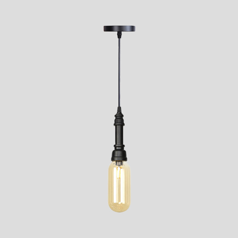 Industrial Black Finish Amber Glass Pendant Lamp with Pipe Suspension - 1-Light Ball/Capsule Ceiling Light