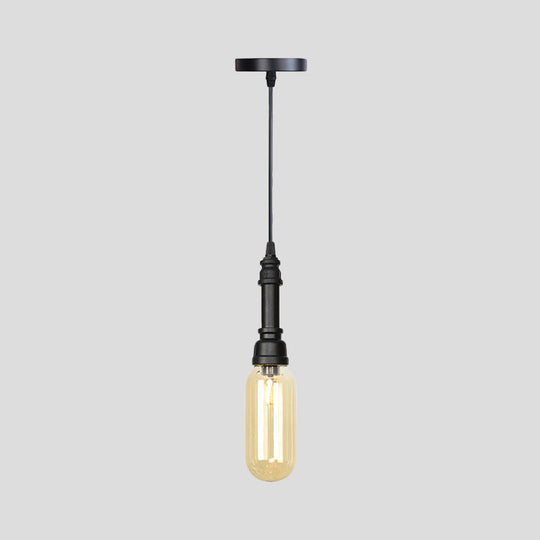 Industrial Black Finish Amber Glass Pendant Lamp with Pipe Suspension - 1-Light Ball/Capsule Ceiling Light