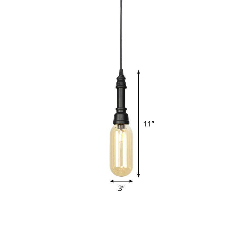 Industrial Black Finish Amber Glass Pendant Lamp with Pipe Suspension - 1-Light Ball/Capsule Ceiling Light