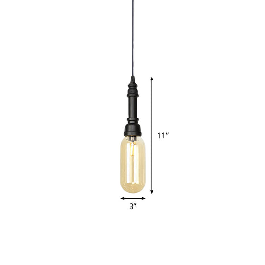 Industrial Black Finish Amber Glass Pendant Lamp with Pipe Suspension - 1-Light Ball/Capsule Ceiling Light