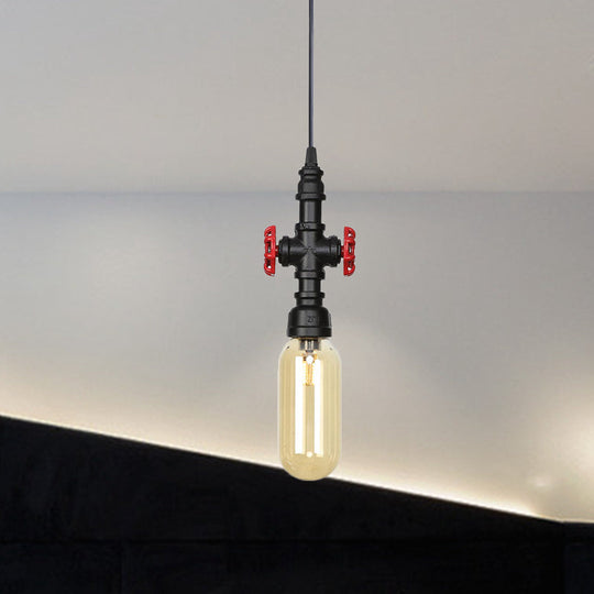 Industrial Black Finish Amber Glass Pendant Lamp with Pipe Suspension - 1-Light Ball/Capsule Ceiling Light