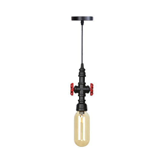 Industrial Black Finish Amber Glass Pendant Lamp with Pipe Suspension - 1-Light Ball/Capsule Ceiling Light