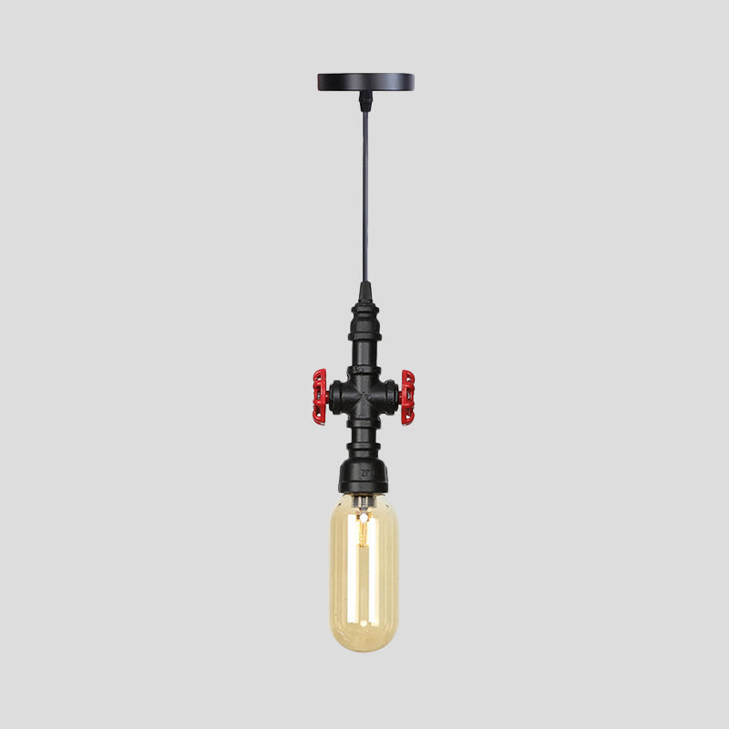 Industrial Black Finish Amber Glass Pendant Lamp with Pipe Suspension - 1-Light Ball/Capsule Ceiling Light