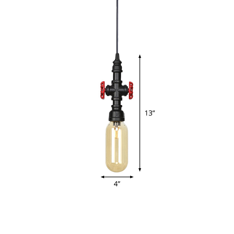 Industrial Black Finish Amber Glass Pendant Lamp with Pipe Suspension - 1-Light Ball/Capsule Ceiling Light