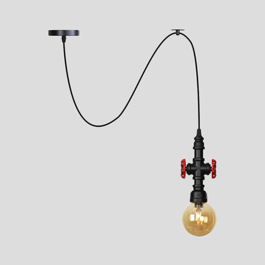 Vintage Amber Glass Pendant Light: Sphere/Capsule Design With 1 Head Black Pipe Hanging Lamp Fixture