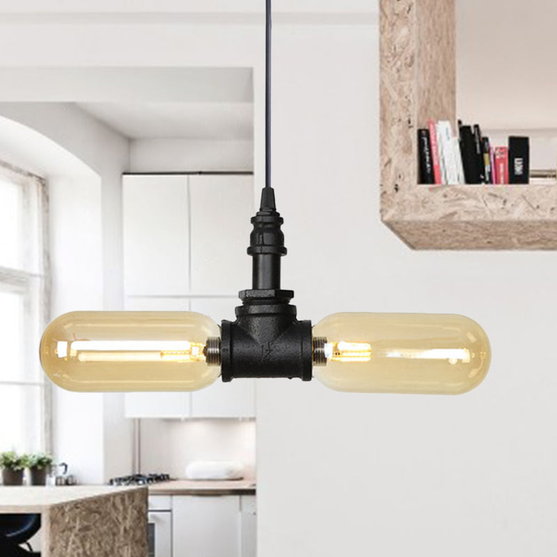 Alfa - Industrial Coffee House Suspension Lamp With Globe/Capsule Amber Glass Black / C