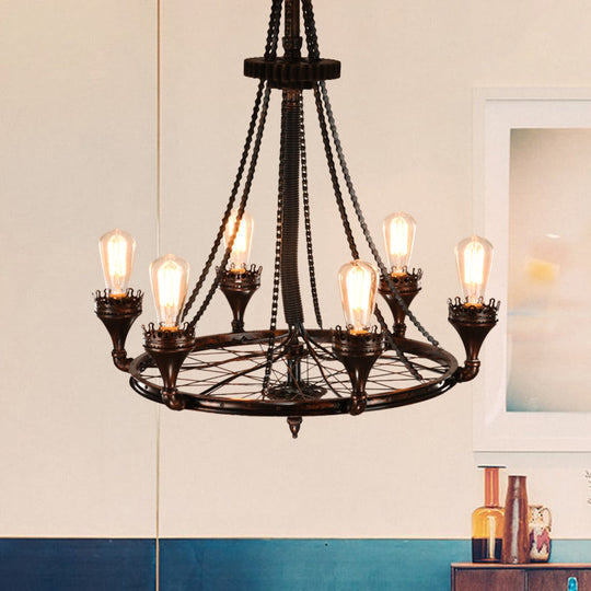 Alniyat - Vintage Rust Wheel Chandelier Pendant Light Industrial Metallic 6-Bulb Restaurant Pendulum Lamp with Bicycle Chain