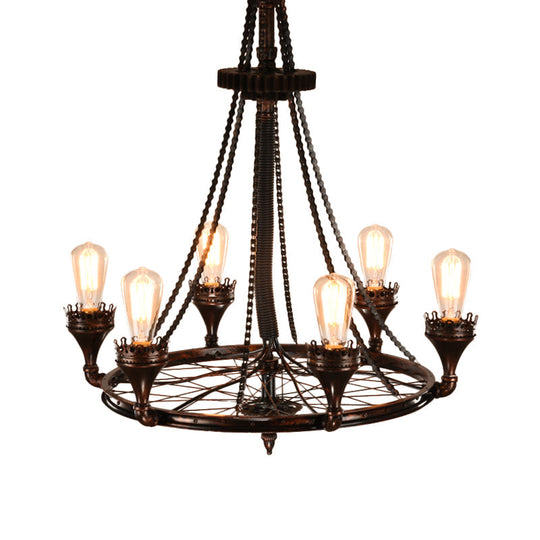 Alniyat - Vintage Rust Wheel Chandelier Pendant Light Industrial Metallic 6-Bulb Restaurant Pendulum