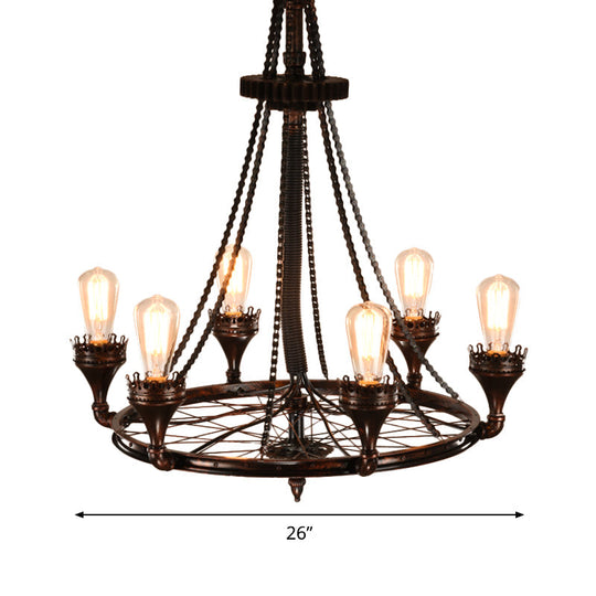 Alniyat - Vintage Rust Wheel Chandelier Pendant Light Industrial Metallic 6-Bulb Restaurant Pendulum Lamp with Bicycle Chain