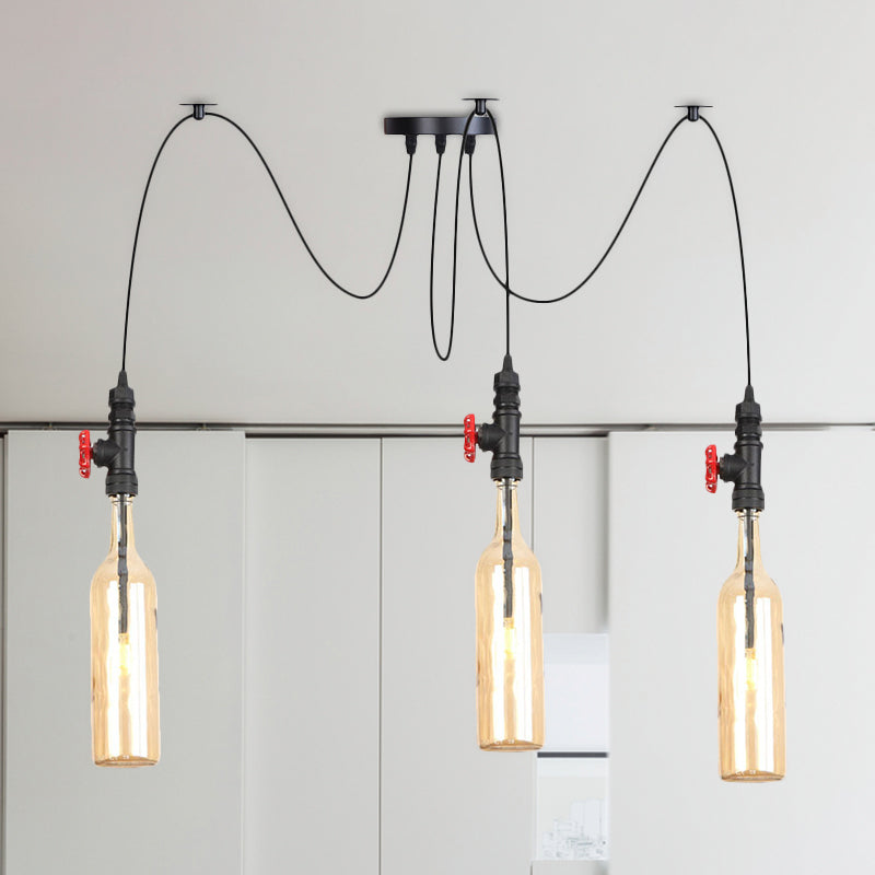 Industrial Bottle Multi Pendant Light - Amber Glass Swag Suspension Lamp 3 / Black