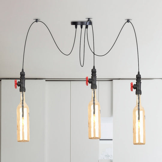 Industrial Bottle Multi Pendant Light - Amber Glass Swag Suspension Lamp 3 / Black