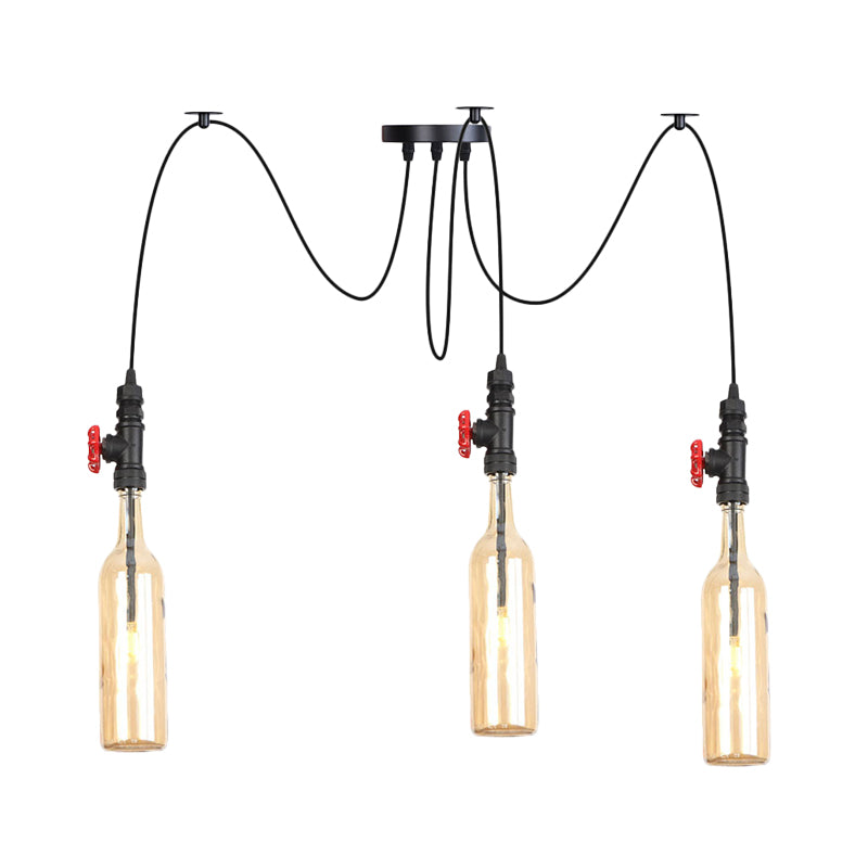 Amber Glass Swag Suspension Lamp - Industrial Bottle Pendant Light 2/3-Head in Black