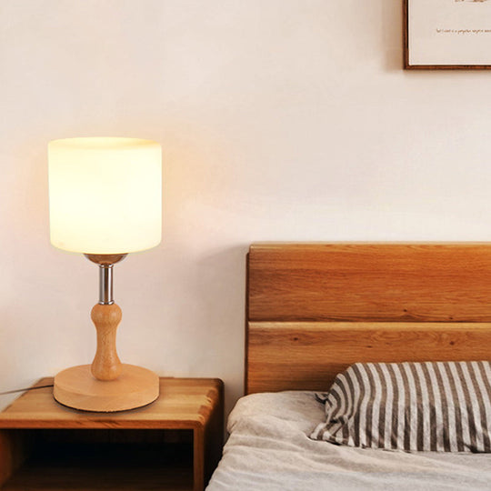 Modernist Frosted Glass Night Table Light - Globe/Cylinder/Square Design Wood Lamp For Bedside