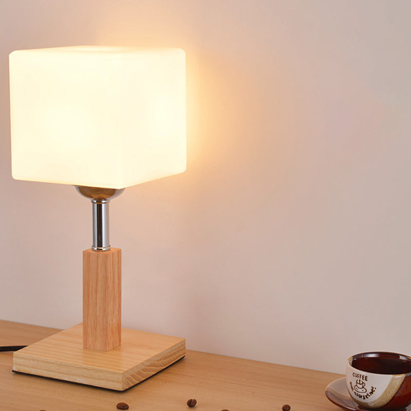 Modernist Frosted Glass Night Table Light - Globe/Cylinder/Square Design Wood Lamp For Bedside /