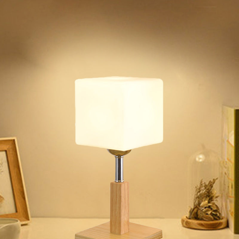 Modernist Frosted Glass Night Table Light - Globe/Cylinder/Square Design Wood Lamp For Bedside