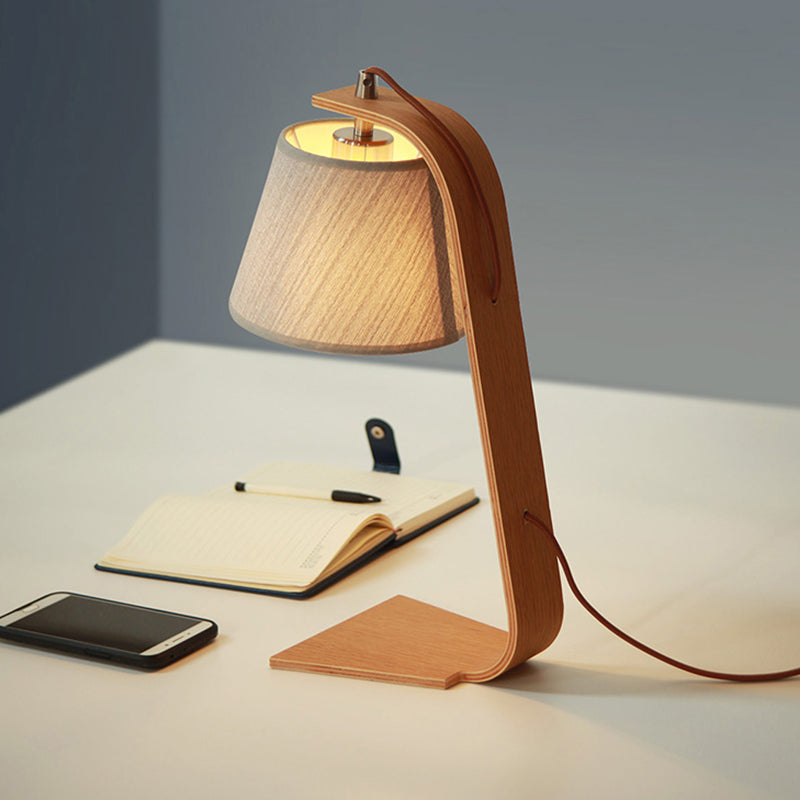 Modern Grey Barrel Table Light With Wood Arm - Plug In Night Lamp