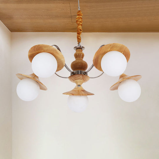 Modern Wood Chandelier With Flared Design 5-Bulb Restaurant Hanging Light Kit And Cream Glass Shade