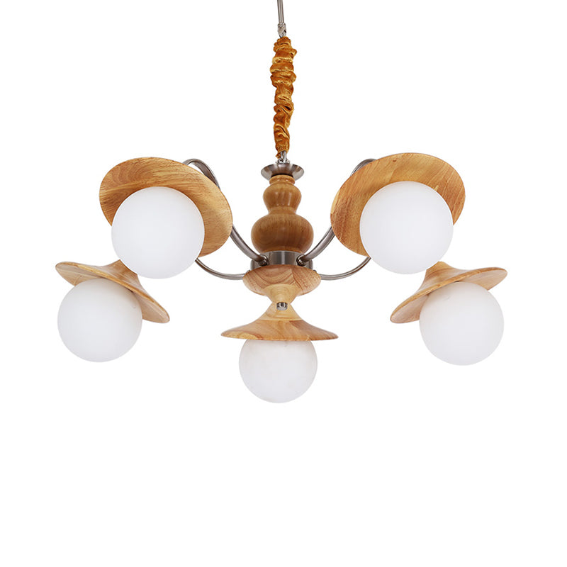 Contemporary Wood Chandelier with Flared Design - 5 Bulb Hanging Light Kit for Restaurants, Featuring Cream Glass Shades