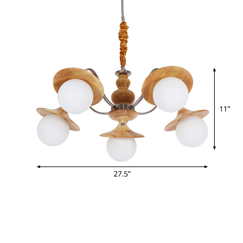 Contemporary Wood Chandelier with Flared Design - 5 Bulb Hanging Light Kit for Restaurants, Featuring Cream Glass Shades